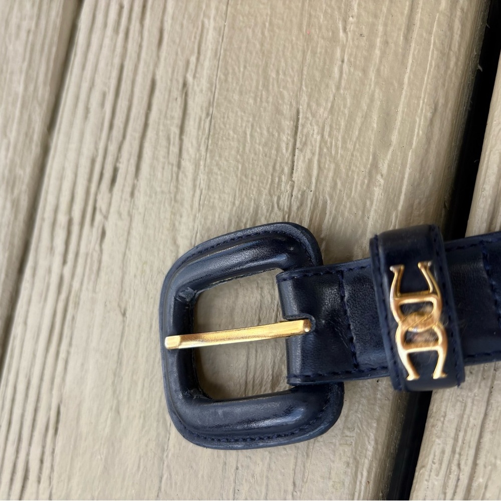 ETIENNE AIGNER Sophisticated 1” width Navy Leather Belt with Gold Buckle, L - Picture 4 of 9